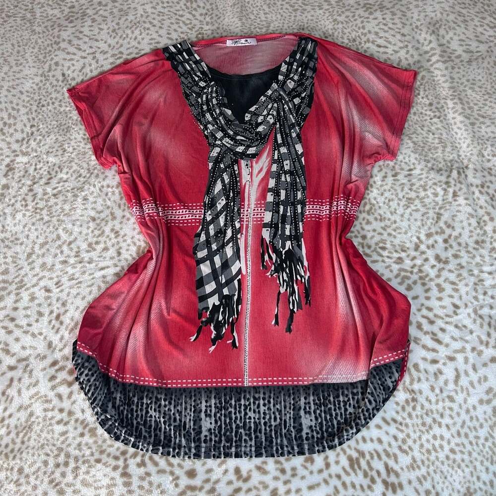 Blossom by P Red Short Sleeve Tunic Top with Rhinestone Scarf Detail and Leopard